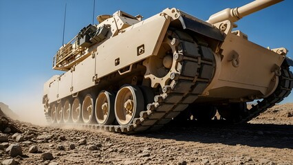 Powerful military tank on dusty terrain during a training exercise.