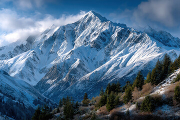 Fototapeta premium Snowy Mountain Peak Above Evergreen Forest