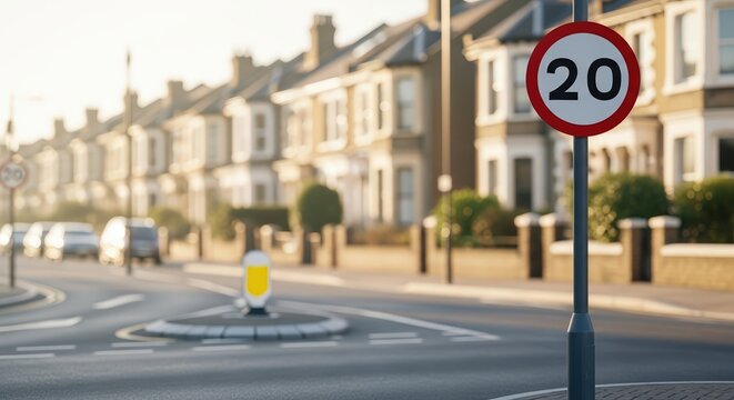 Road sign indicating a speed limit of 20 miles per hour stands prominently on a suburban street, surrounded by houses and a circular traffic island with vehicles passing by