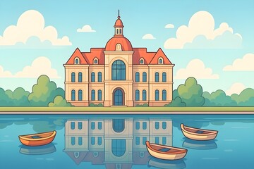 Obraz premium A charming cartoon building beside calm water with a clear reflection, colorful small boats, soft pastel tones, clean outlines, and dreamy scenery.
