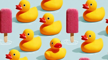 Colorful arrangement of playful rubber ducks and pink popsicles on a light blue background, creating a fun and vibrant summer-themed illustration with whimsical elements