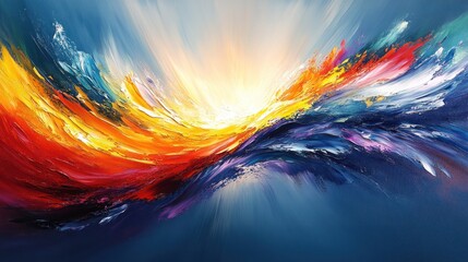 Abstract painting; vibrant, dynamic brushstrokes converging to a central light source