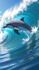 Dolphin leaps from tall wave, set against a bright blue sky with white clouds