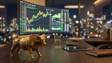 Bronze bull statue on office desk with stock market trading charts on computer monitor screen in background