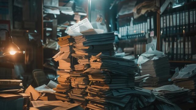 Video A stack of papers and files on a table, great for business or office scenes