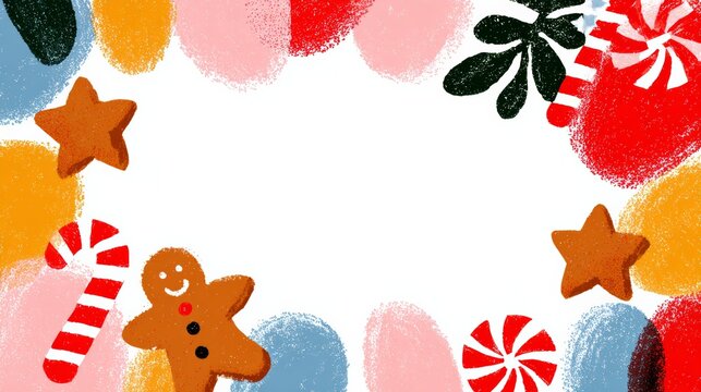 Colorful festive illustration featuring gingerbread cookies, candy canes, and holiday decorations, creating a joyful atmosphere with vibrant textures and playful elements, perfect for seasonal celebra