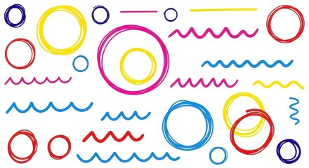 Circles waves and lines pattern design on plain white background surface
