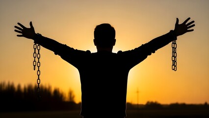 Silhouette of a man with broken chains on his wrists arms outstretched against a sunset sky symbolizing freedom and liberation.