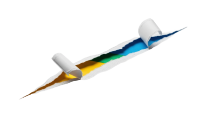 A crisp white surface dynamically torn, revealing a vibrant, optimistic saturated color underneath, in a minimalist studio with ample copy space, soft lighting, concept of breakthrough and revelation