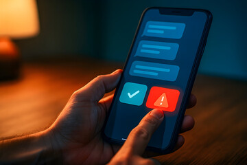 Obraz premium Hand Pressing Alert Button on Smartphone Screen, Security Warning Notification