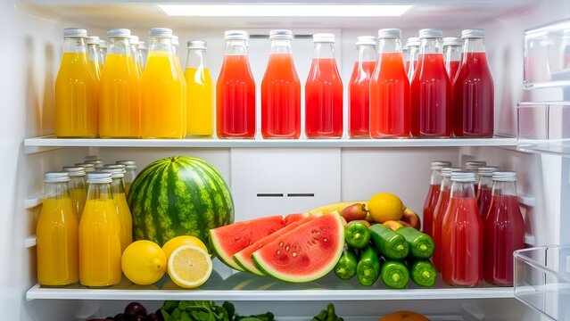 Refrigerator filled with fresh fruits juices and healthy beverages.