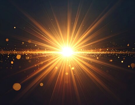 Golden light explosion with radiating beams and bokeh particles - Powered by Adobe