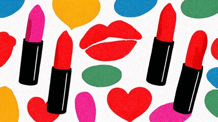 Colorful illustration featuring various lipstick tubes in vibrant shades, surrounded by playful heart and circle shapes, creating a lively and artistic beauty concept for cosmetics enthusiasts