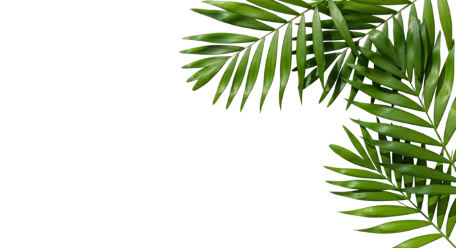 Vibrant green, fresh tropical palm leaves in L-shape on bright white studio background, hard light, sharp shadows, negative space for text. Concept of natural elegance and growth