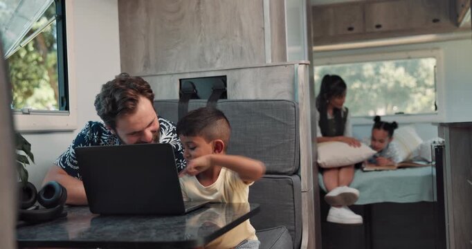 Happy, dad and child with laptop, road trip and watching movies with subscription and entertainment. Travel, man and streaming with boy, online and family in van for vacation, journey or adventure