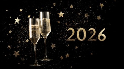 Black Background 2026 Champagne Flute New Year Decor Gold Stars Holiday Arrangement Material
