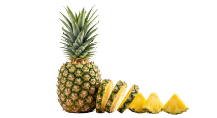 A whole, perfectly ripe, vibrant yellow and green pineapple with glistening, meticulously cut slices on a minimalist light surface, studio-white background. Concept of freshness, vitality, growth,