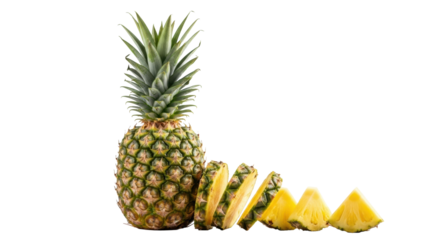 A whole, perfectly ripe, vibrant yellow and green pineapple with glistening, meticulously cut slices on a minimalist light surface, studio-white background. Concept of freshness, vitality, growth,