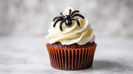 Halloween themed chocolate cupcake topped with creamy white frosting and a decorative black spider on a light marble surface with blurred background