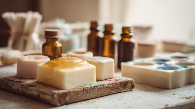 A Captivating Display of Handcrafted Soaps and Natural Ingredients Highlighting the Artistry and Craft of Soap Making in a Rustic Workshop Setting