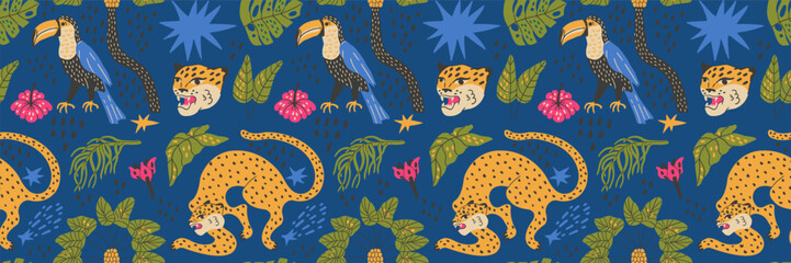 Funky safari pattern with leopard toucan and tropical monstera leaves.