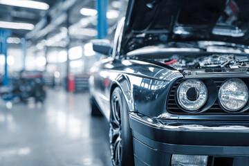 Detailed view of a classic dark sedan with open hood in a bright modern automotive workshop focused on front headlight and wheel design craftsmanship