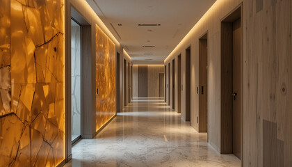 Fototapeta premium Modern hotel with amber resin panels and natural wood walls