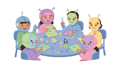 Naklejka premium Cute children dressed as playful aliens engaging in creative arts and crafts