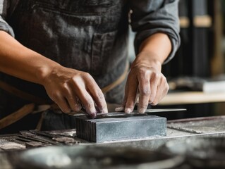 Craftsmanship in Action: Skilled Artisan Sharpening Tools with Precision and Care in a Workshop Setting, Highlighting the Importance of Technique and Attention to Detail