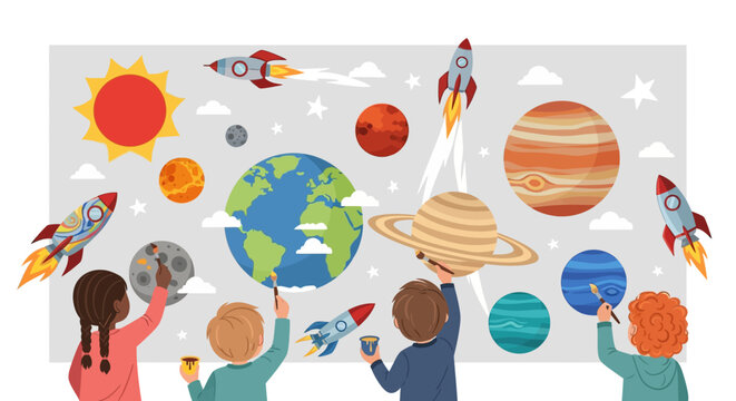 children engaging with space exploration theme featuring planets and rockets