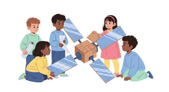 Children Engaging in STEM Educational Activity with Model Satellite Components