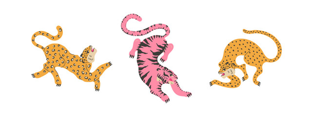Comic wildlife set with funky jungle leopard and tiger animals.