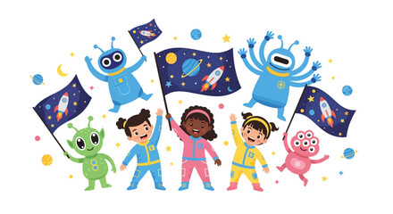 Obraz premium joyful children and colorful aliens celebrating space exploration adventure