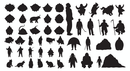 Diverse black silhouette collection human figures, various animals, and abstract natural forms. Versatile graphic elements for design, illustration, and conceptual art, providing adaptable shapes for 