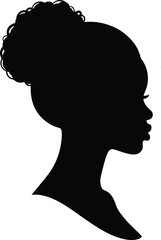 Elegant African Woman Profile Silhouette Vector, Featuring Natural Hair Updo Bun Hairstyle, Beautiful Female Side View Head Outline Graphic Element for Beauty and Fashion Design