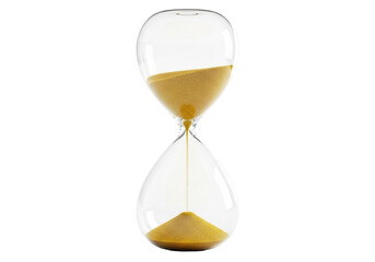 A pristine, classic hourglass made of clear glass with shimmering golden sand actively flowing, expertly lit against an isolated transparent background. Concept of time management and efficiency