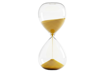 A pristine, classic hourglass made of clear glass with shimmering golden sand actively flowing, expertly lit against an isolated transparent background. Concept of time management and efficiency