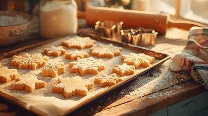 Tray of Christmas cookies sits on a wooden table. The cookies are decorated with white icing and snowflakes
