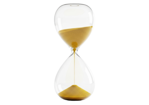 A pristine, classic hourglass made of clear glass with shimmering golden sand actively flowing, expertly lit against an isolated transparent background. Concept of time management and efficiency