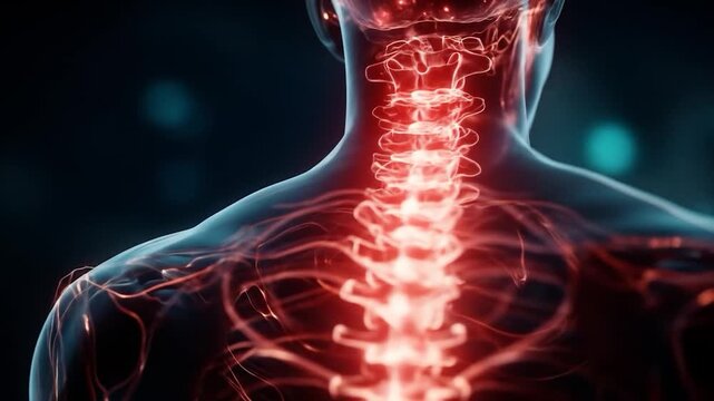 Glowing red spine and nerves against dark, blurred background