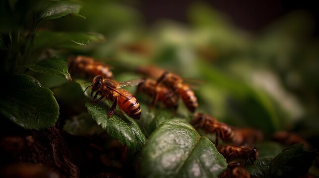 ro photograph of honeybees on green leaves bathed in soft golden hour light