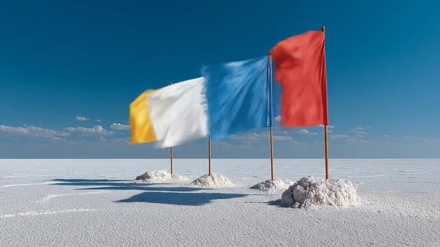 Four colorful flags flutter in the wind against a vast, bright blue sky