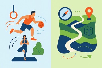 Energetic athletes engaged in dynamic sports activity juxtaposed with a vibrant abstract road map representing the journey towards personal growth and wellness exploration
