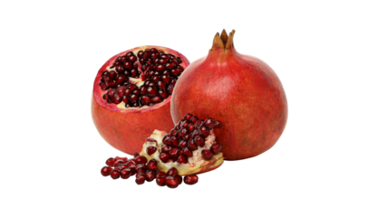 Premium Fresh Pomegranate Whole and Cut with Juicy Red Seeds on White Background. High-quality close-up of a ripe pomegranate, featuring vibrant red seeds, perfect for ads packaging, nutrition article