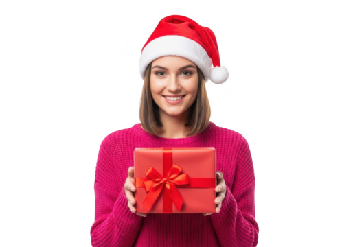 Young woman in santa hat holding a red gift box, isolated on transparent background