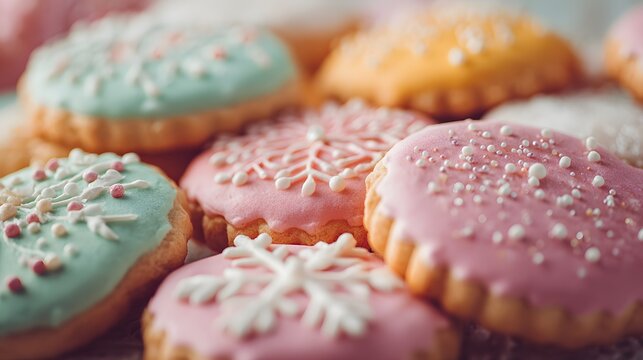 Row of colorful cookies with snowflakes on them. The cookies are arranged in a neat stack, with some of them being pink and others being green. The snowflakes on the cookies give them a festive