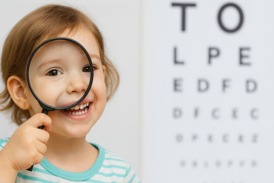 Child Smiling With Magnifying Glass At Eye Exam