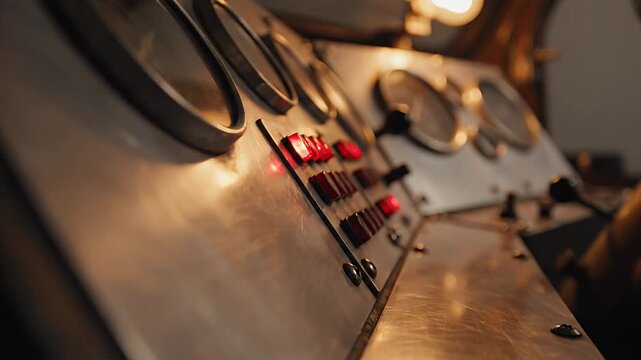 Close-up of a vintage industrial control panel with glowing red indicator lights and pressure gauges on a brushed metal dashboard