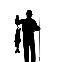 Obraz premium silhouette of a fisherman holding a fishing rod in his left hand and a big fish in his right hand