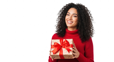 Smiling woman holding a gift box isolated on transparent background